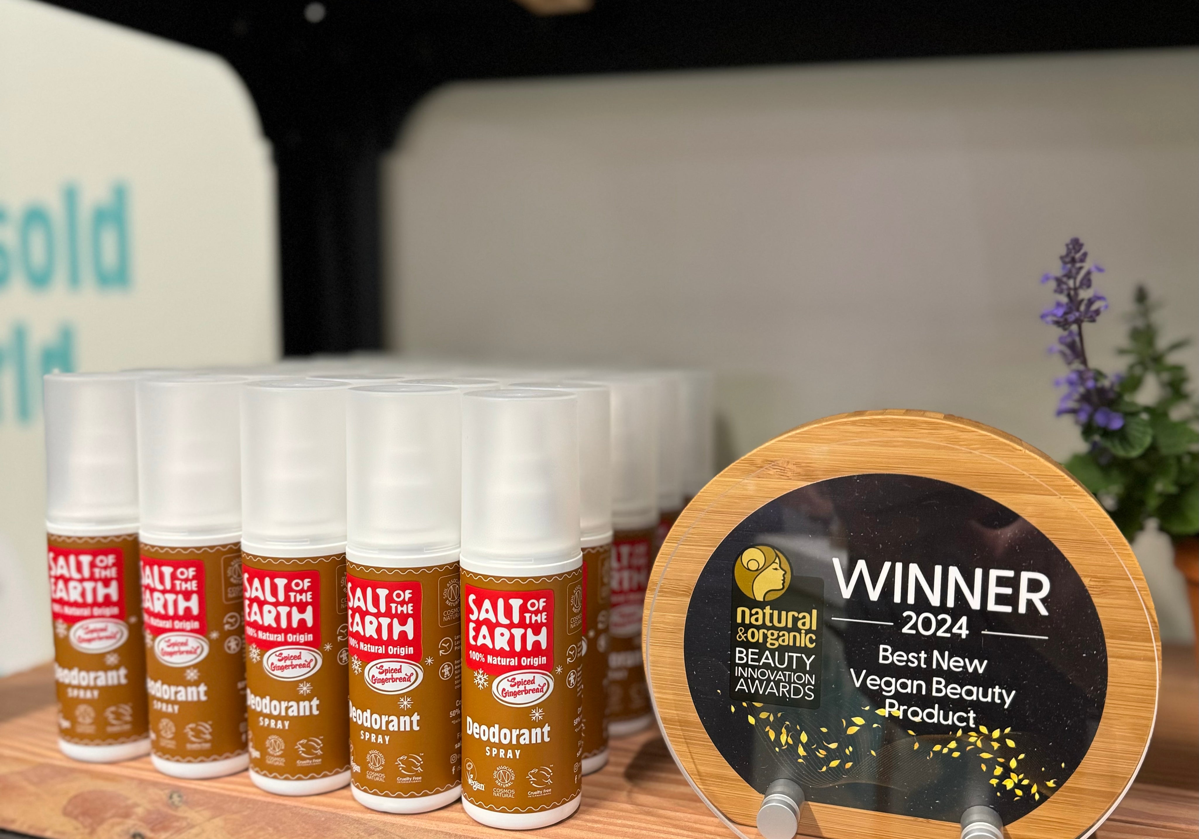 Spiced Gingerbread natural deodorant spray with its award for best vegan beauty product