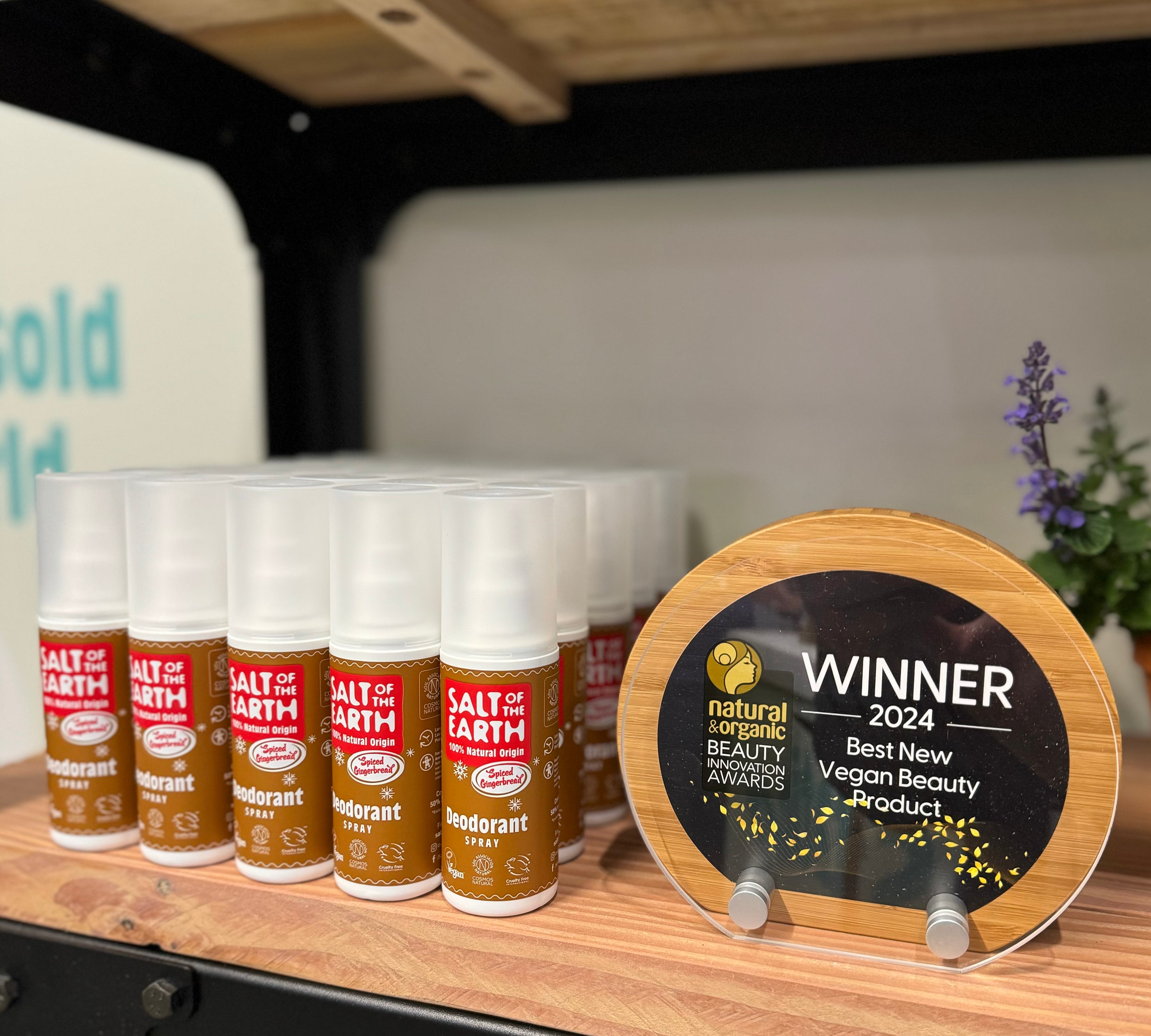 Spiced Gingerbread natural deodorant spray with its award for best vegan beauty product